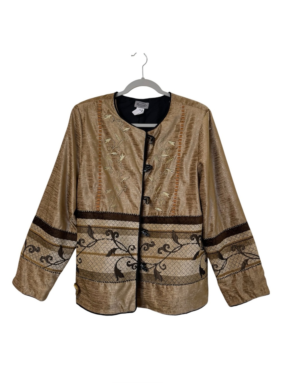 Stonebridge Embroidered Asian-Inspired Patchwork Jacket with Frog Closures Sz L